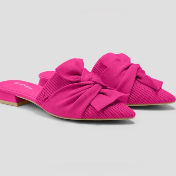 Vivaia Shoes - Vivaia Pointed-Toe Bow Knot Yaffa Mule Sandals in Hot Pink Fabric Size EU 39 (8)